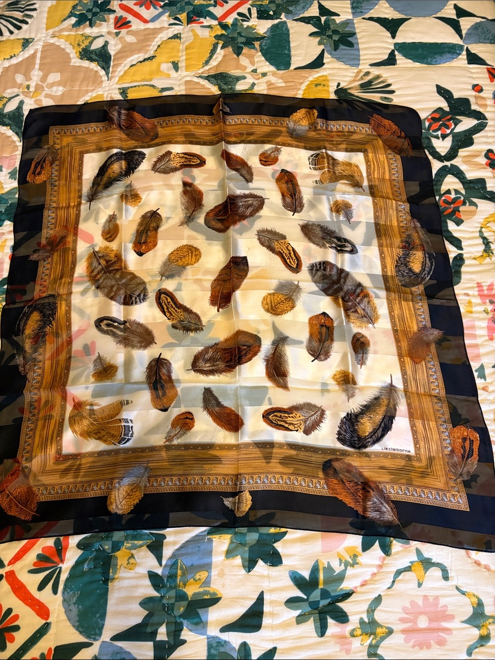 Feather Print Liz Claiborne Silk Scarf in Black, Brown & Cream